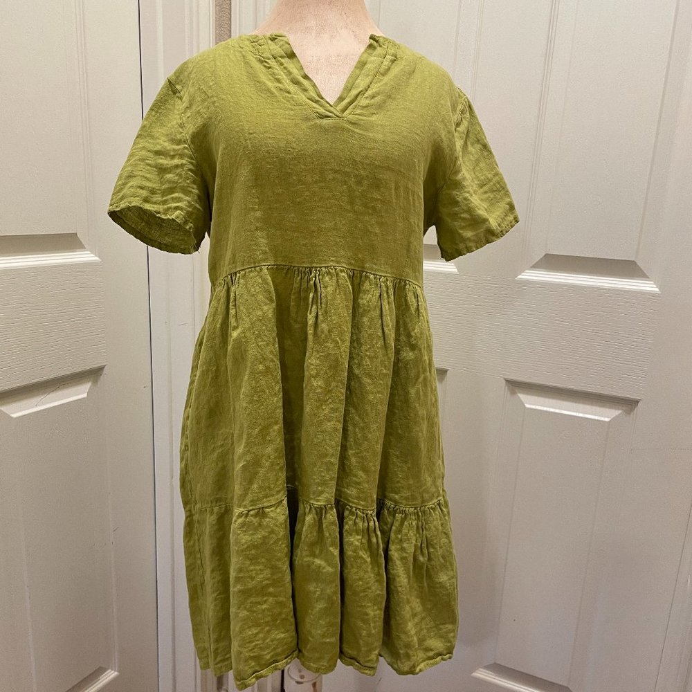 Francesca Bettini Women's 100% Linen Midi Dress L Green Tiered Design Boho (NEW)